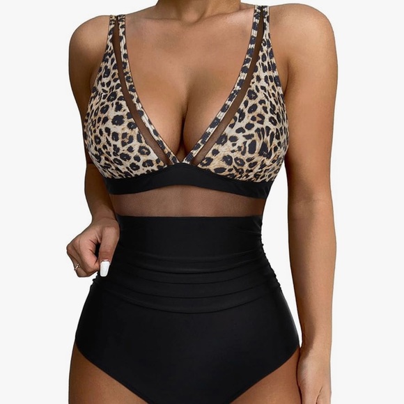 SUUKSESS Women Sexy Mesh Tummy Control Leopard Print and Black Swimsuit - Picture 1 of 3